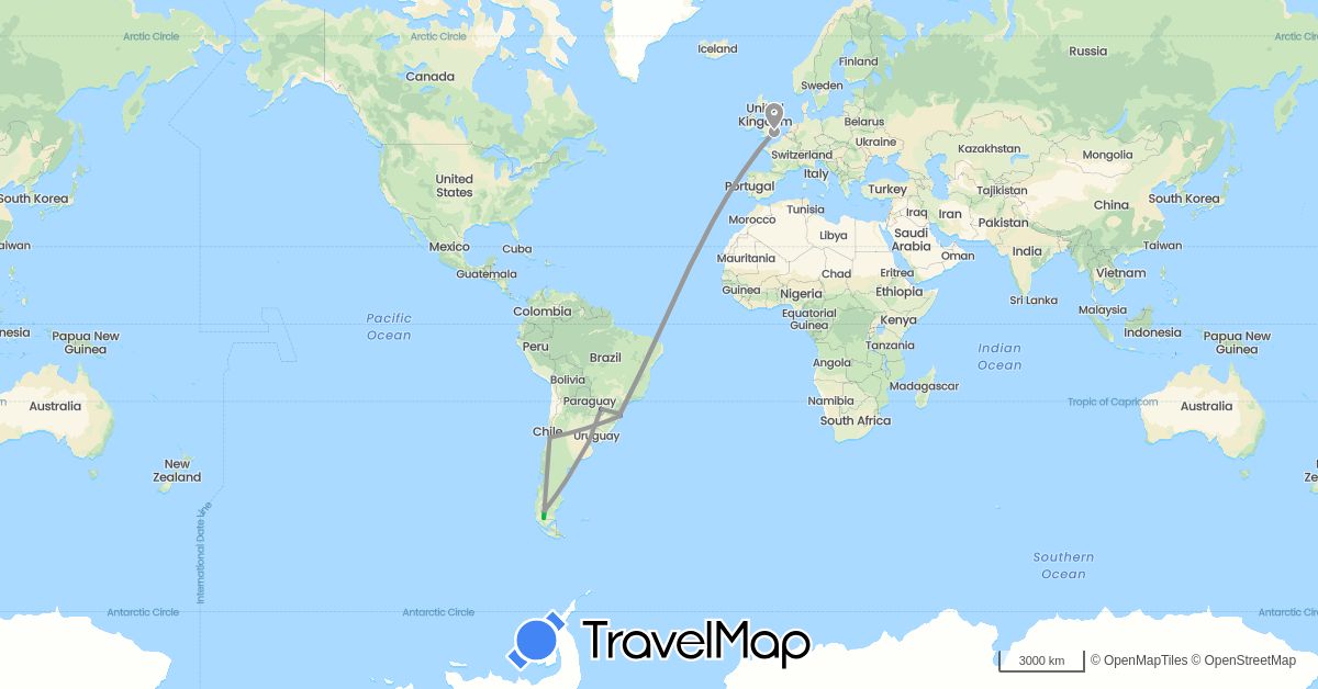 TravelMap itinerary: driving, bus, plane in Argentina, Brazil, Chile, United Kingdom (Europe, South America)